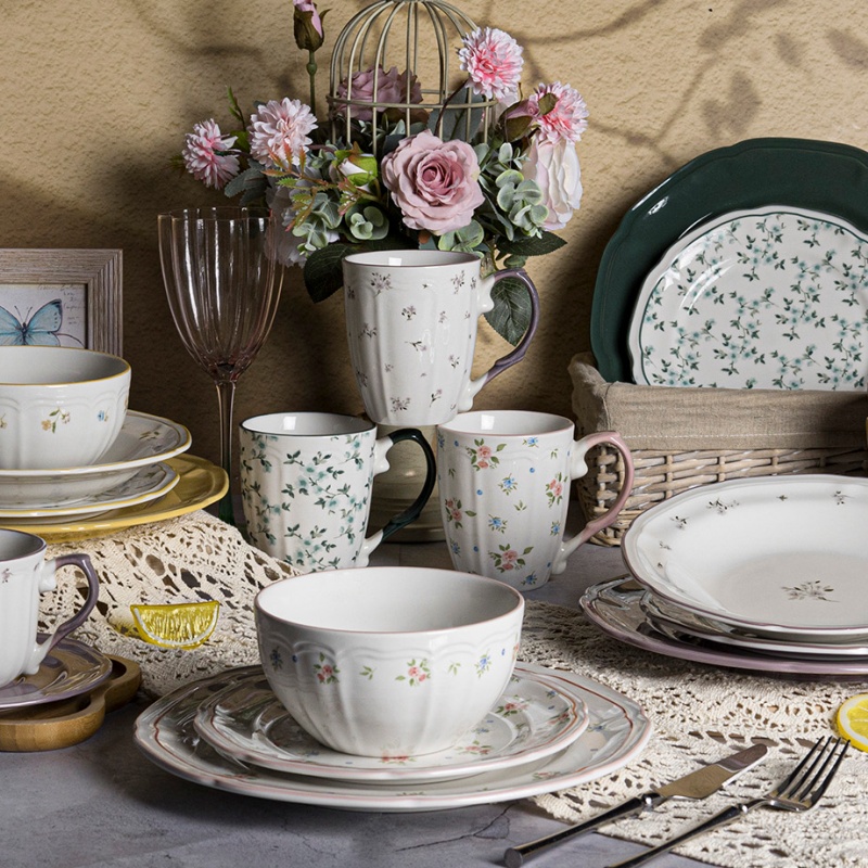 Porcelain Dinner Set with Lotus Embossed Design Floral Decal and Colored Glaze