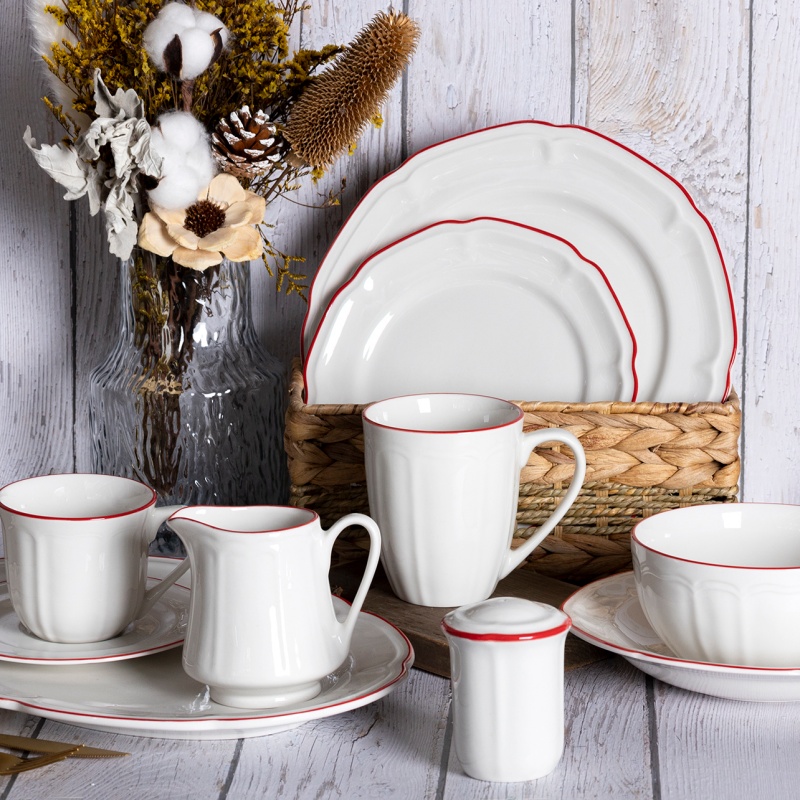 Porcelain Dinnerware with Lotus Embossed Design and Fine Glossy Colored Rim