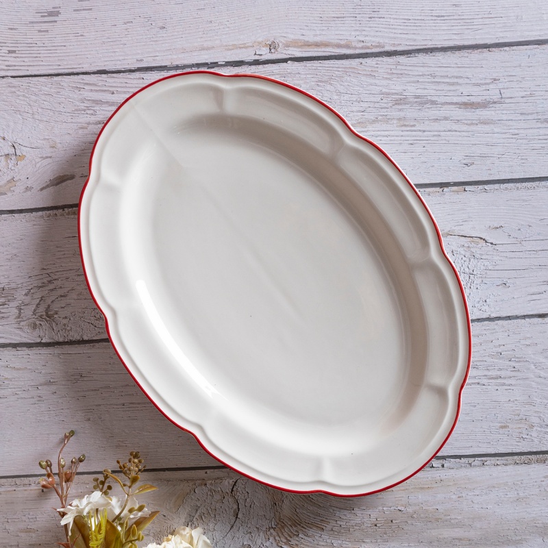 14" White Porcelain Oval Fish Plate with Flora Shape & Colored Rim, Elegant Tableware