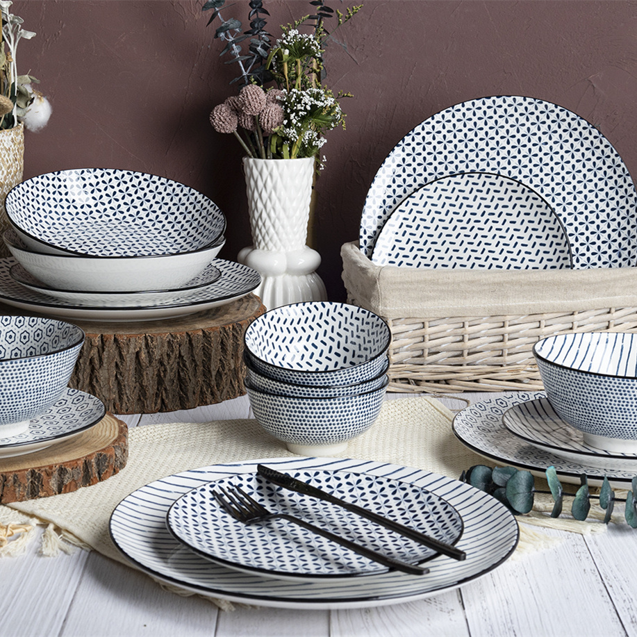 Dinnerware Set Porcelain with Blue-Colored Pattern 18 Pieces Ceramic Dishes&Plates Modern Design