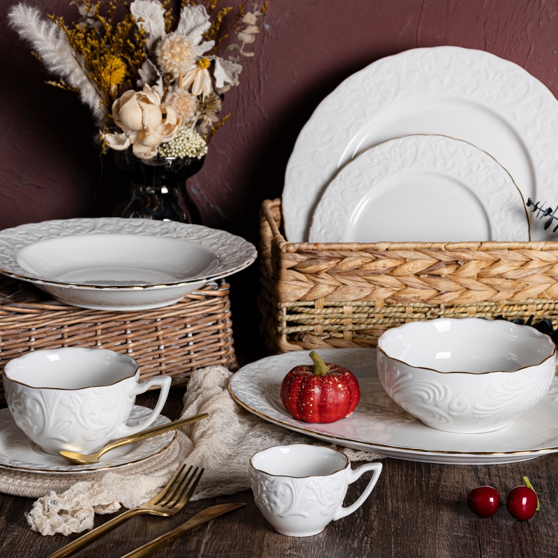 Porcelain Dinnerware with Embossed Design and Gold Rim Elegant Luxury Style