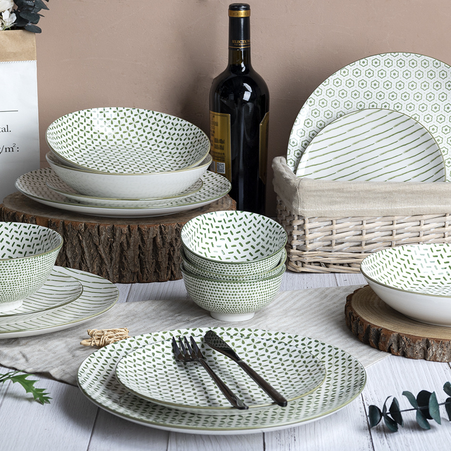 18pcs Tableware Set Elegant Green Patterned Ceramic Porcelain with Printed Plate for Home & Kitchen