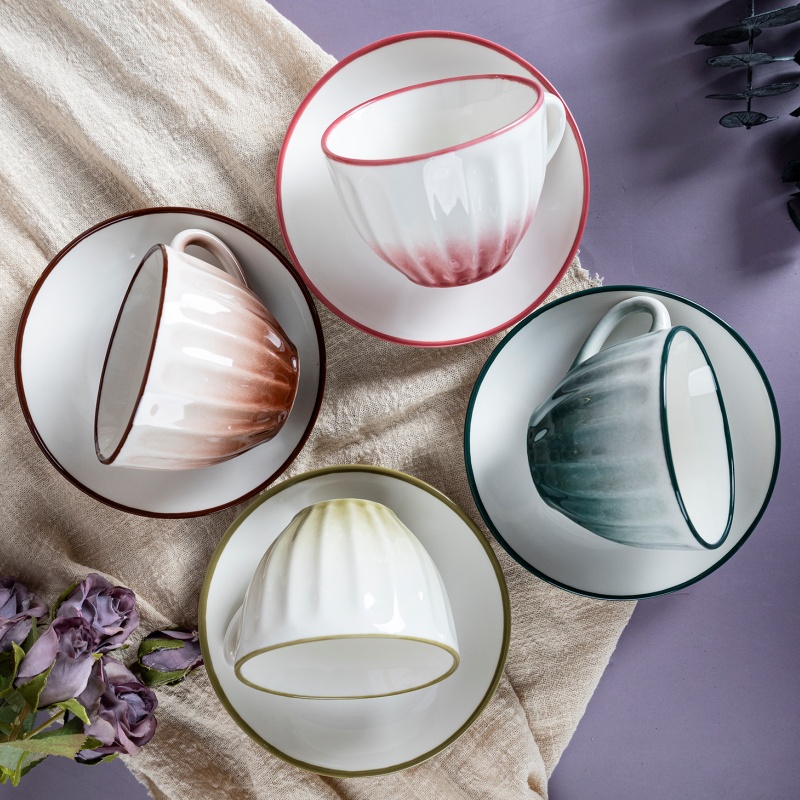 Elegant 8OZ Espresso Cup Saucer Set Gradient Color Ribbed Design Stylish Durable Tableware