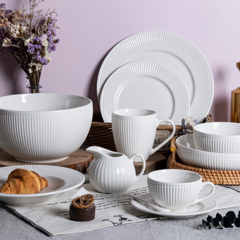 Pink and White Embossed Colored Glaze Porcelain Dinner Set Elegant Complete Collection