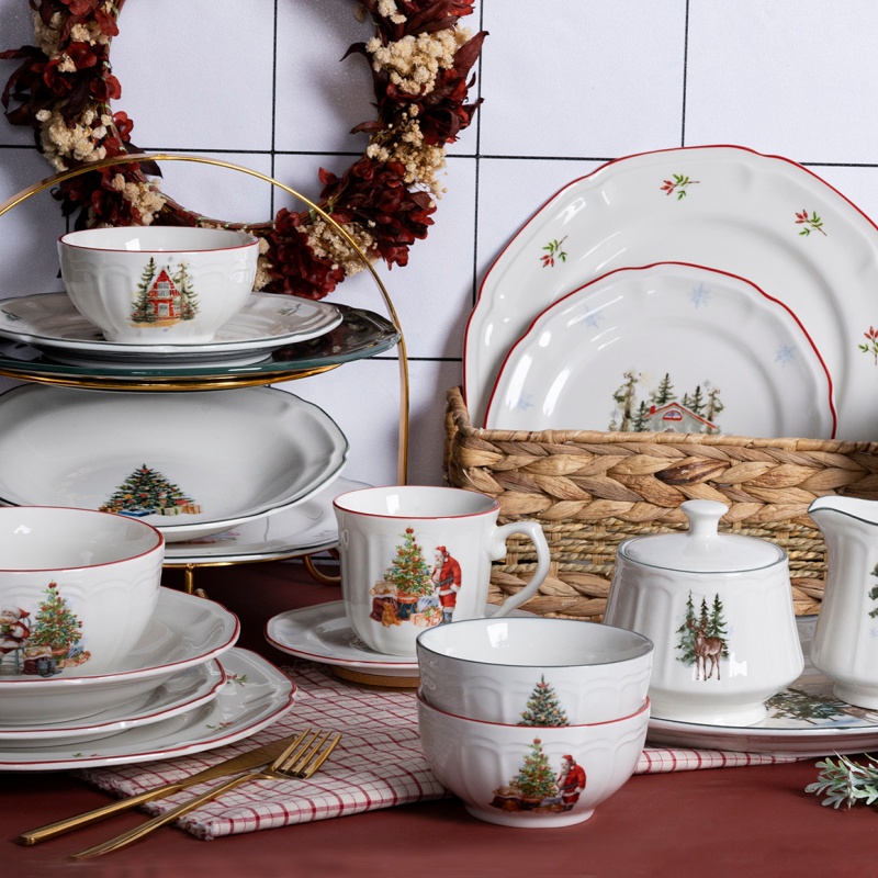 Porcelain Dinnerware with Lotus Embossed Design and Christmas Decal Festive Set