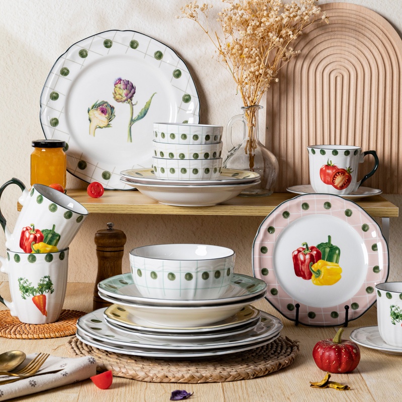 Porcelain Dinnerware with Lotus Embossed Design Vegetable Decal and Glazed Edge