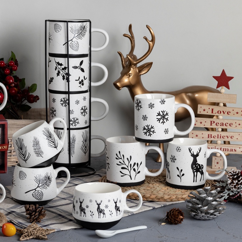 Holiday Ceramic Mug with Snowflake Holly Design and Matt Finish Clay Bottom for Christmas Halloween