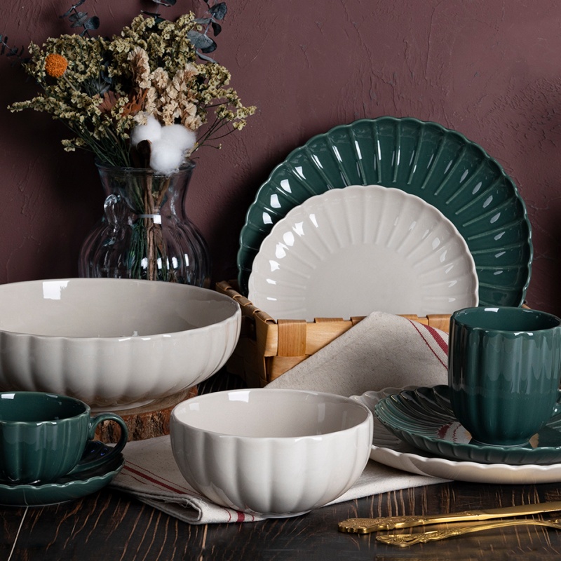 Porcelain Dinnerware with Pumpkin Embossed Design and Colored Glaze Finish