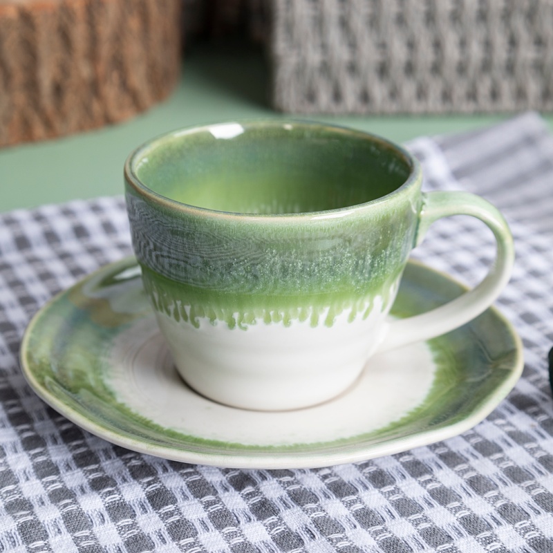 HAPPY GO 8oz/230ml Ceramic Cup and Saucer Reactive Glaze Elegant Tableware for Café & Afternoon Tea