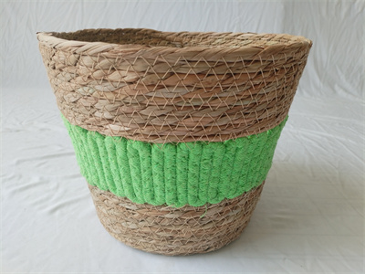 Straw Round Basket,middle Part With Green Rope ,natural Color