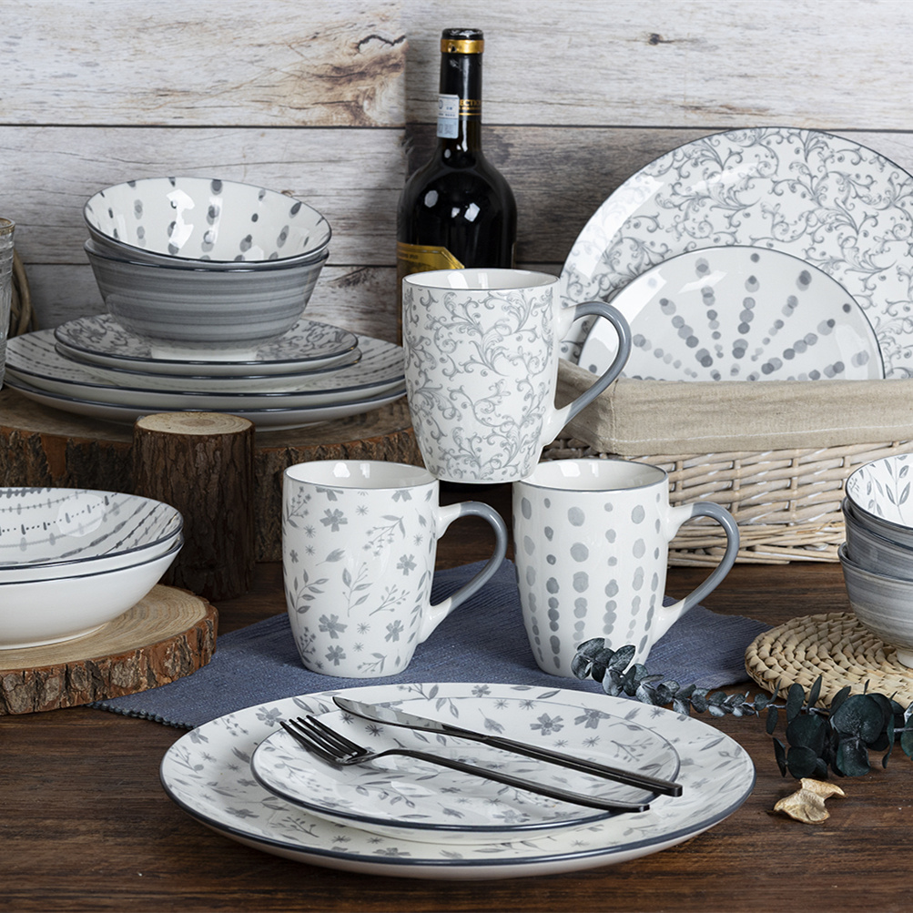 Elegant Grey Tableware White Porcelain Dinner Plate 18 PCS Printed Pattern Luxury Simple for HomeUse