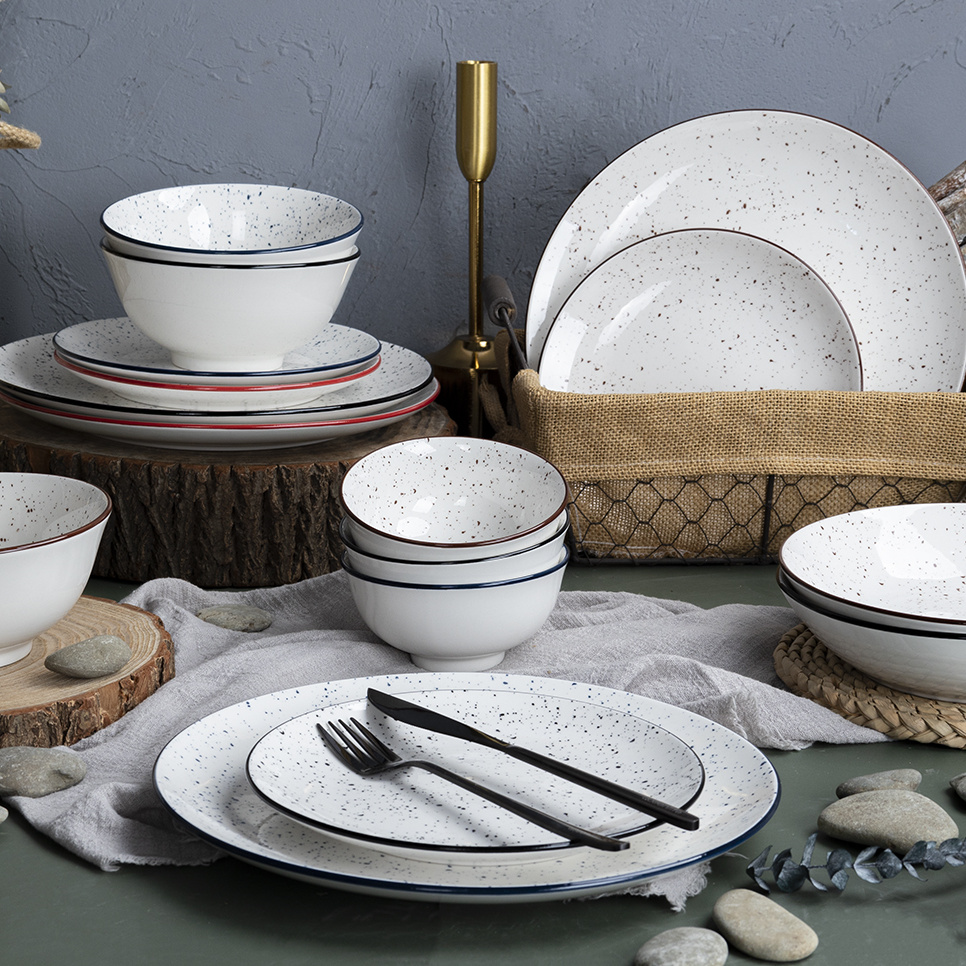HAPPY GO Customized Speckled White Porcelain Plate Set Glazed Rim Printed Ceramic Bowl Sets