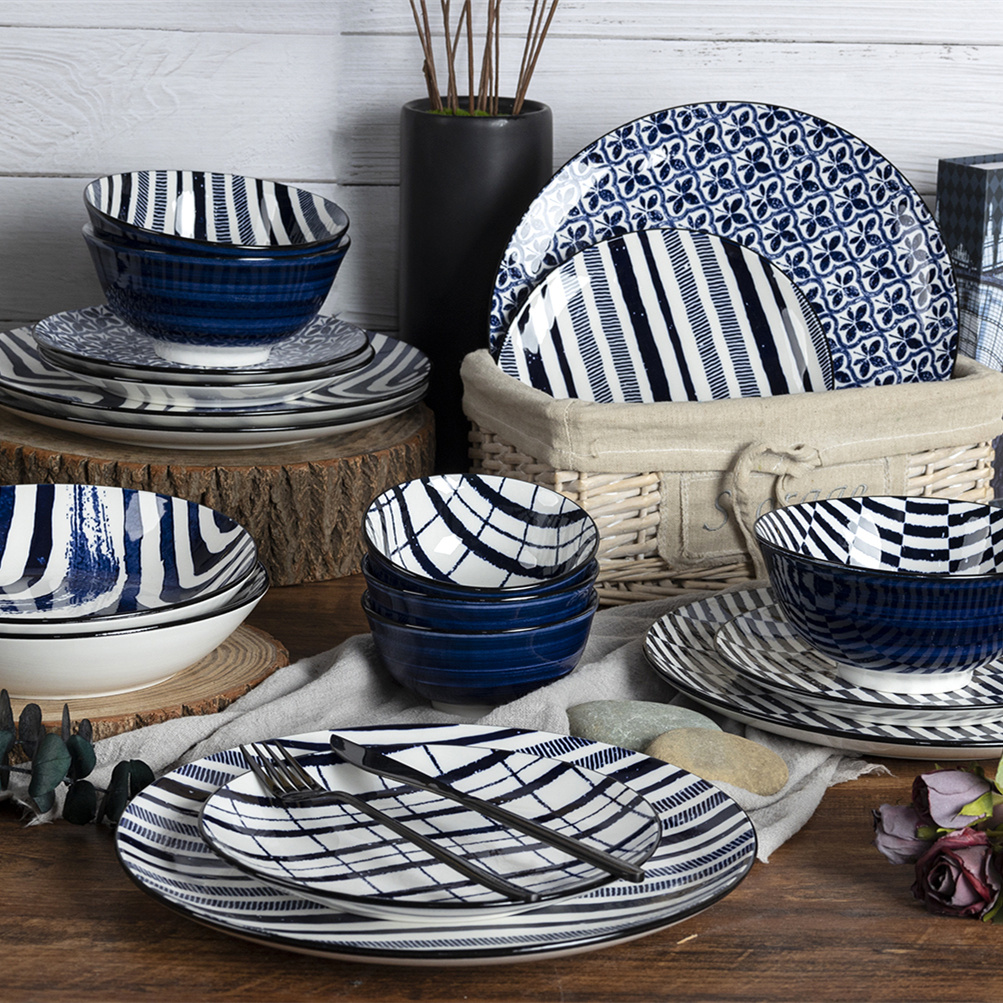 Blue Printed Porcelain Dinner Set-18 Modern Stylish Patterned Tableware for Home Kitchen Exquisite