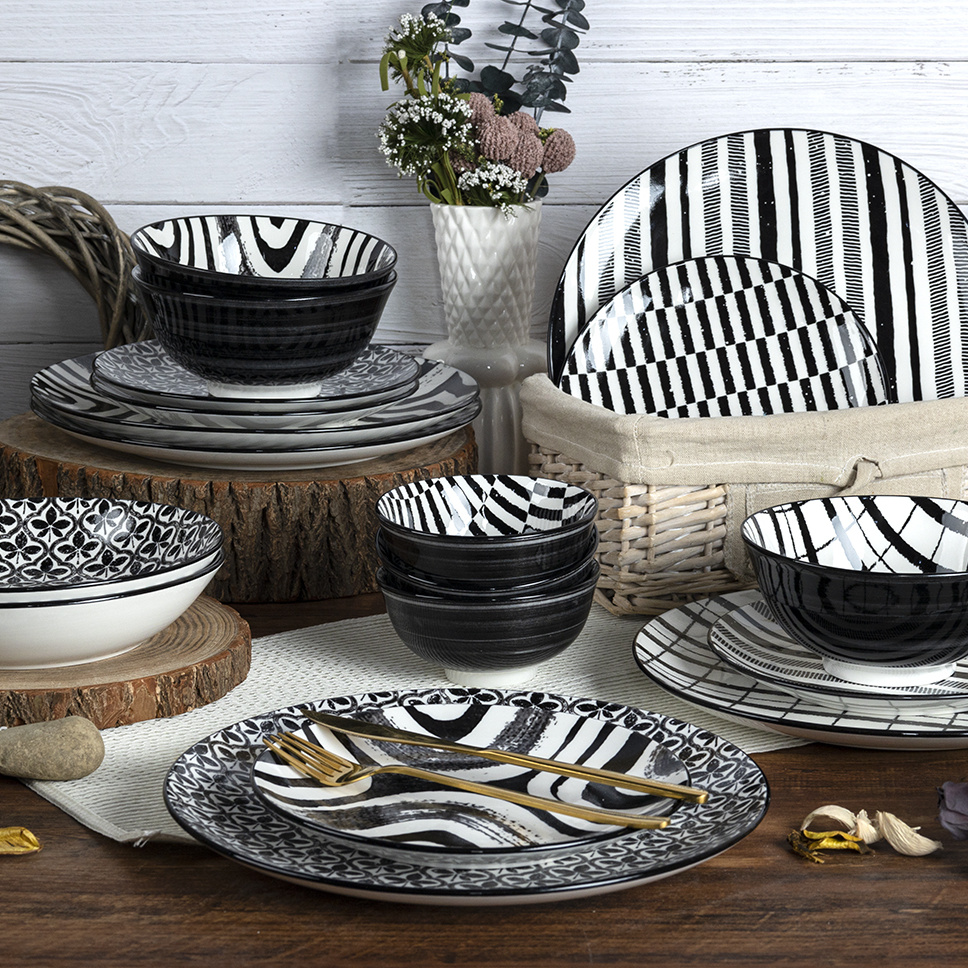18 Pieces Ceramic Porcelain Dinnerware Printed Stylish Black Geometric Pattern Restaurant Plates