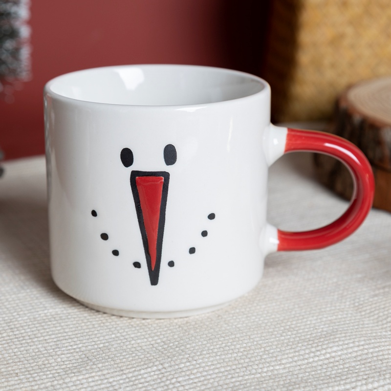 14OZ Christmas Snowman Face Stackable Ceramic Mug – Holiday Red Handle Coffee Cup, Festive Giftware