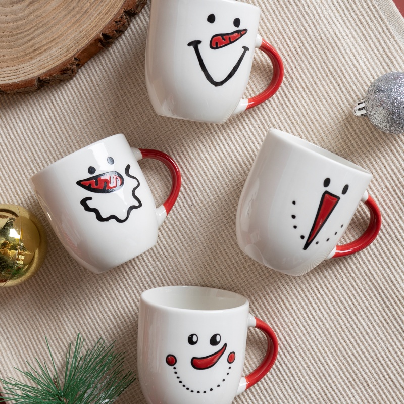 Festive Smiley Face Ceramic Mug Series – Red Handle Holiday Coffee Mugs for Home & Gift