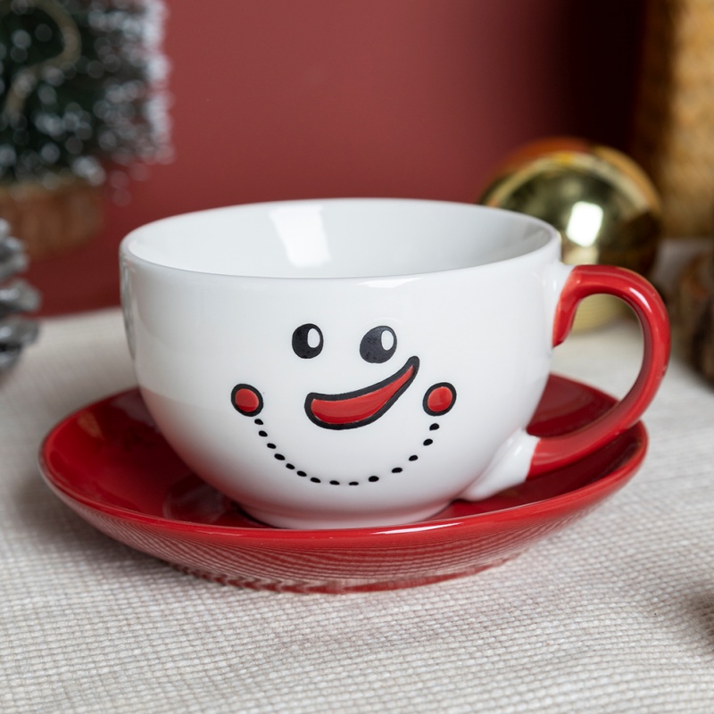 Nordic Christmas Coffee Cup & Saucer Set – Snowman Design Ceramic Holiday Tableware
