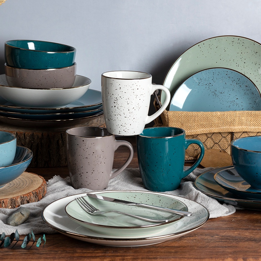 16pcs Dinner Set, Solid Color With Speckle And Metallic Rim