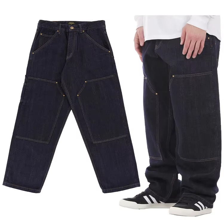 Custom Logo Raw Denim Jeans Men Plus Size Loose Patch Double Knee Jeans Skate Baggy Carpenter Jeans