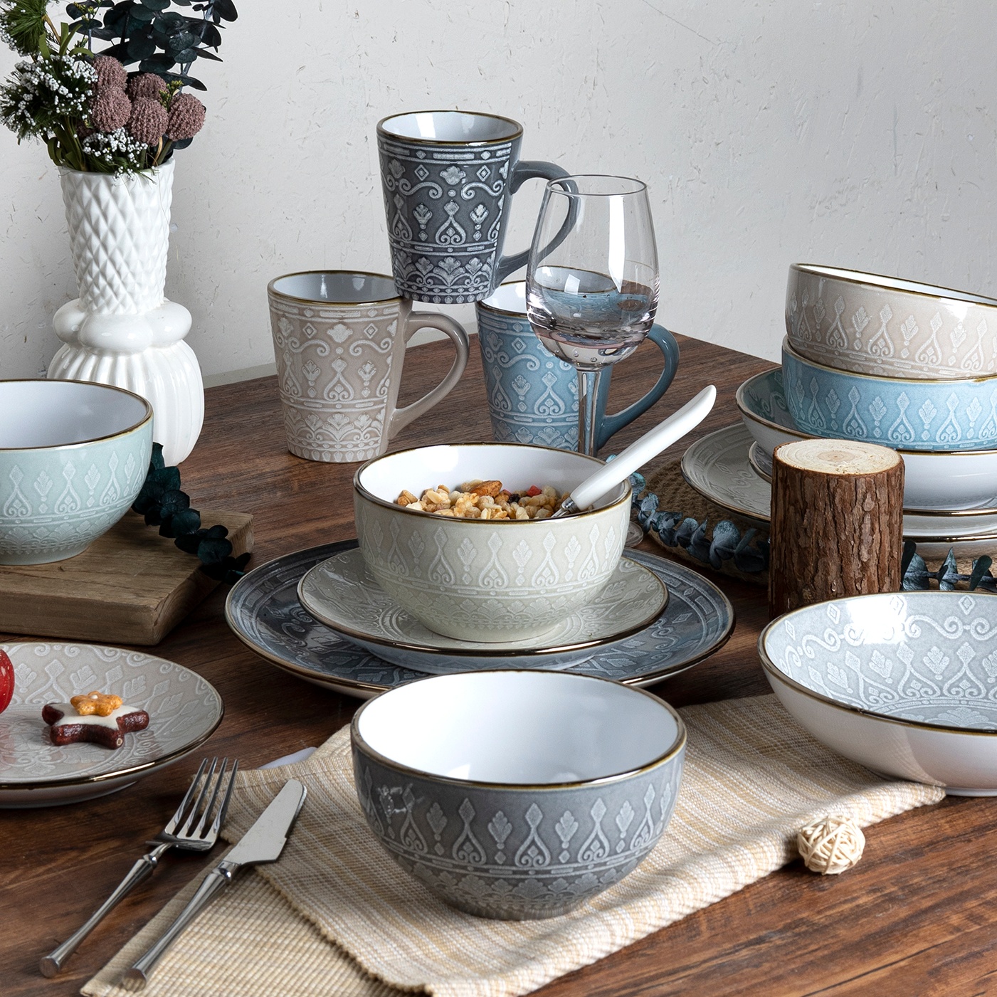 16pcs Dinner Set, Reactive Glaze With Pad Printing In Metallic Rim