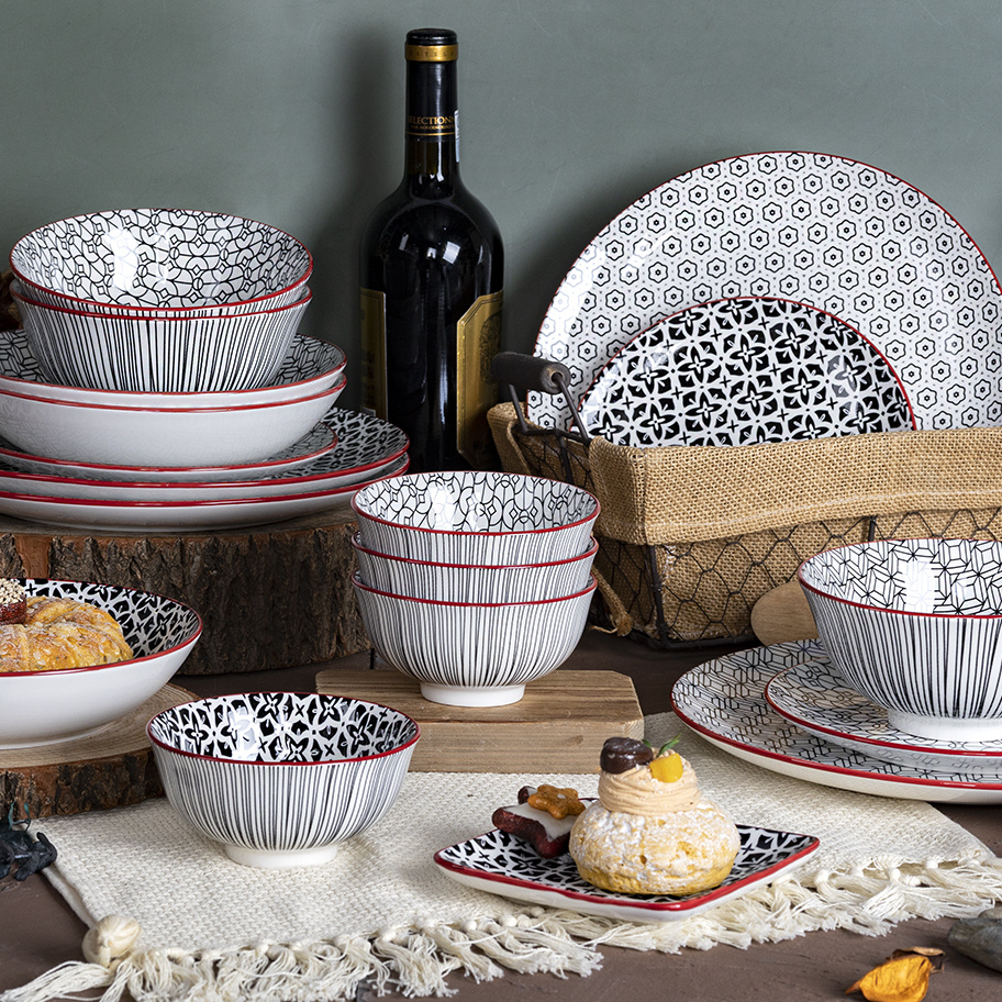 Durable Porcelain Ceramic Tableware Sets Elegant Traditional Printed Pattern Soup Dish Dinner Plate