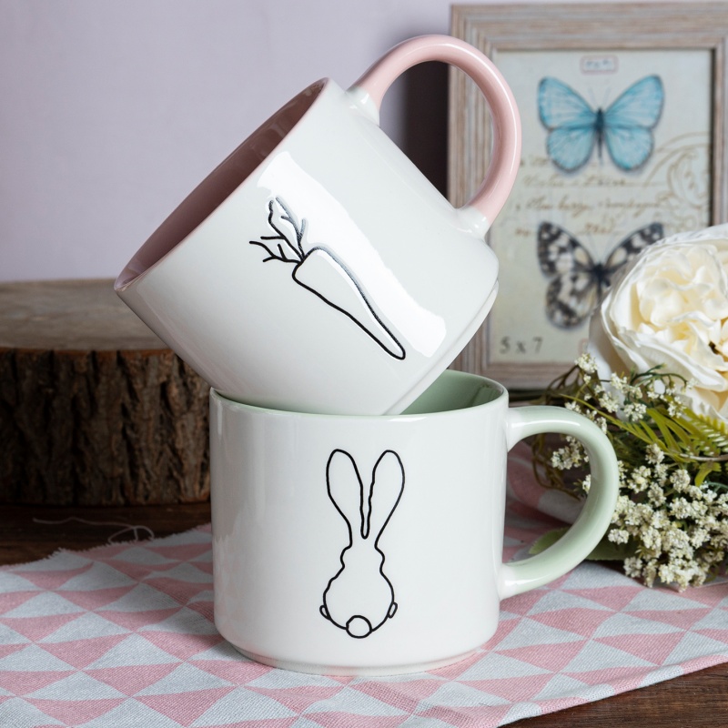 Spring Bunny Line Art Ceramic Mug – Nordic Fresh Style Coffee Cup for Home & Gift