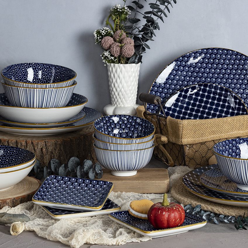 Elegant Classic Blue Geometric Printed Porcelain Dinnerware Set Home Kitchen Tableware Dishes Plate