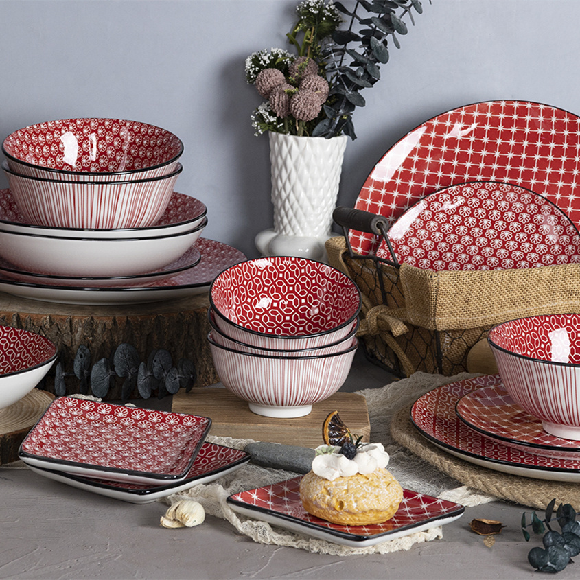 Classic Printed Porcelain Tableware Set 4 & 6-Person Dinner Plates&Bowls with Patterned Design