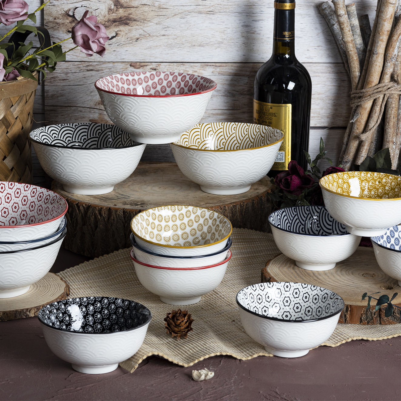 Set-4 Porcelain Bowls Multi-Patterned Printed Emabossed Multi-Color Options Custom Packaging