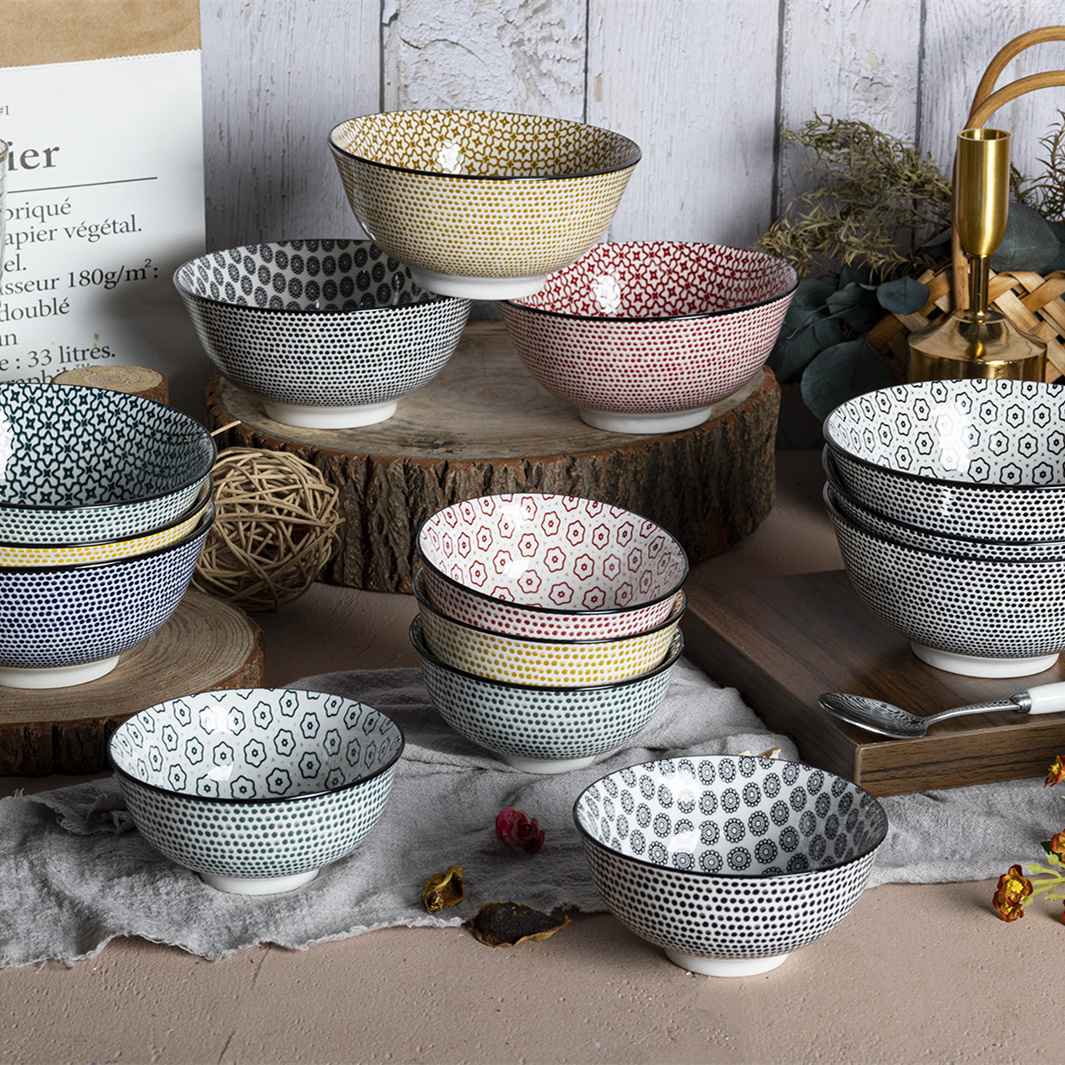 Colorful Patterned Porcelain Bowl Set Inside and Outside Printed Tableware Set 4