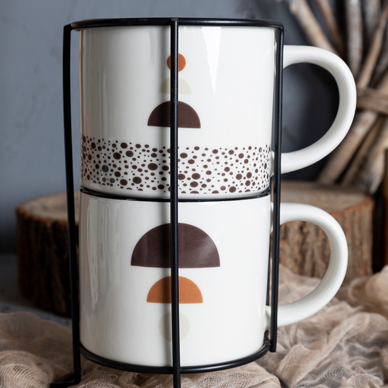 Stackable Geometric Ceramic Mug Set with Metal Stand – Space-Saving Nordic Display Collection