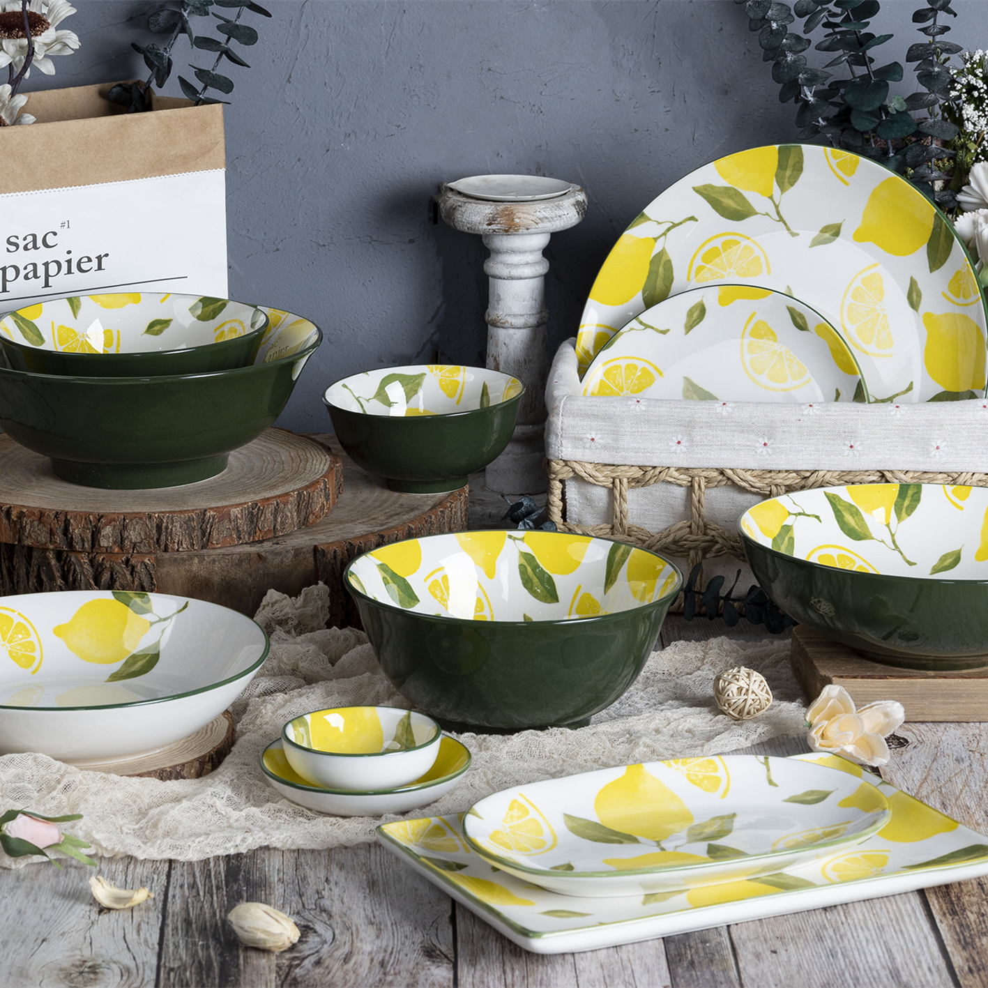 HAPPYGO 18-Piece Porcelain Ceramic Dish & Plate Set Lemon-Patterned Printed Round & Irregular Dishes