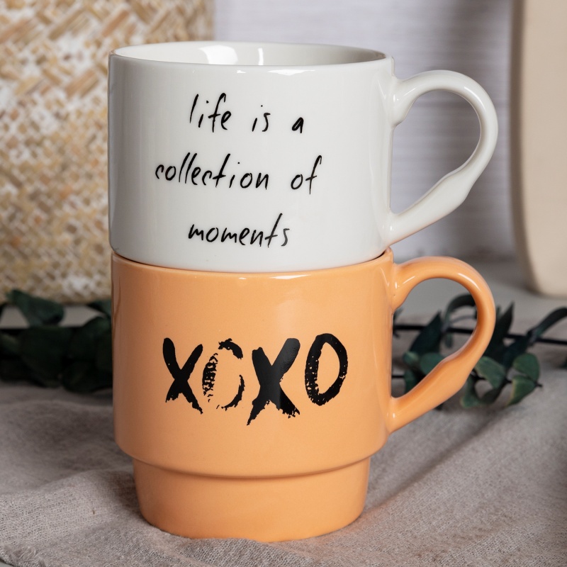 Stackable Letter Ceramic Mug Set with Metal Stand – Space-Saving Display Mug Collection