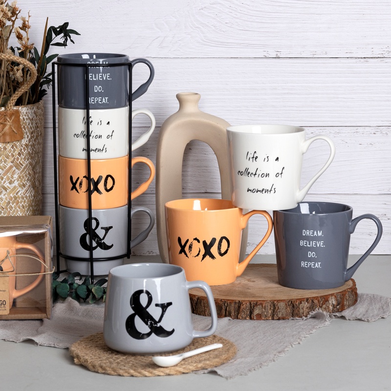Orange & Grey Letter Ceramic Mug – Modern Typography Coffee Cup for Home & Café Use