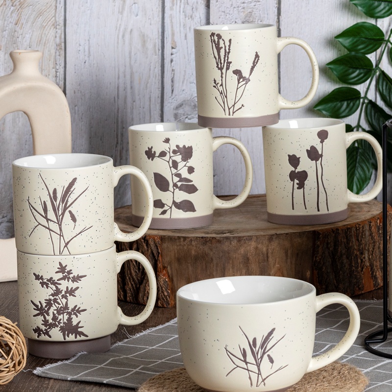 Japanese Wabi-Sabi Botanical Ceramic Mug Series – Natural Glaze Finish with Handmade Look