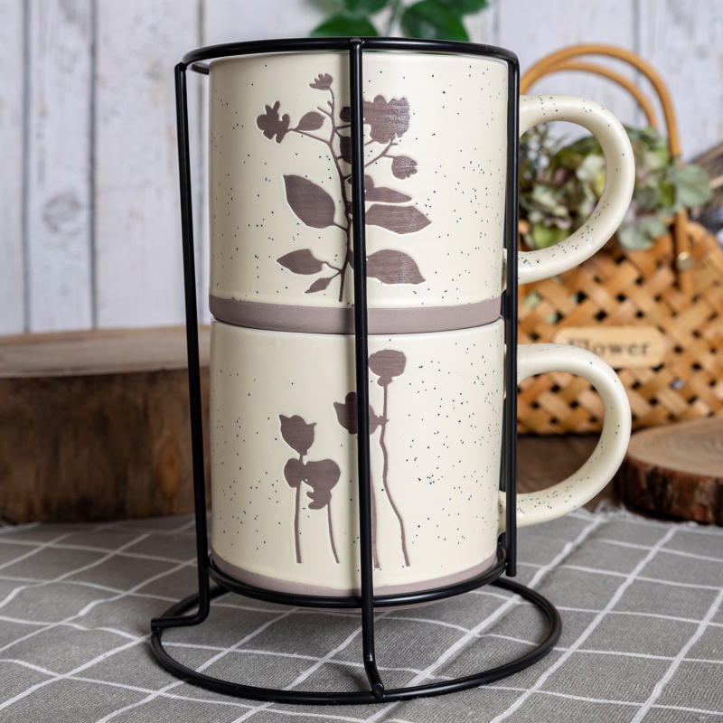 Stackable Botanical Print Ceramic Mug Set with Metal Stand – Space-Saving Natural Display Collection