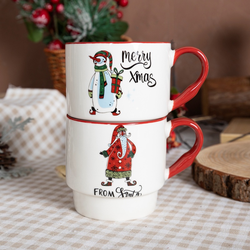 Stackable Christmas Ceramic Mug Set with Metal Stand – Space-Saving Festive Display Set