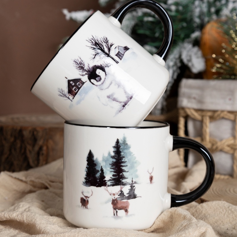 Winter Forest Ceramic Mug Series – Black & White Watercolor Design, Ideal for Holiday & Winter Gifts