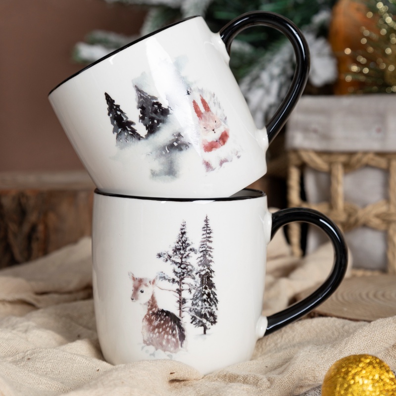 Winter Nature Ceramic Coffee Mug – Hand-Painted Forest Design, Nordic Home Style