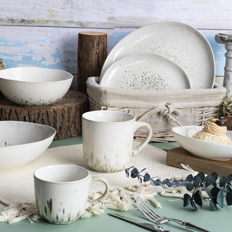 Happy Go 16pcs Dinner Set Organic Shape (26.5cm Plate,20cm Plate,16.4cm Bowl, 14oz Mug Each 4 Pcs)