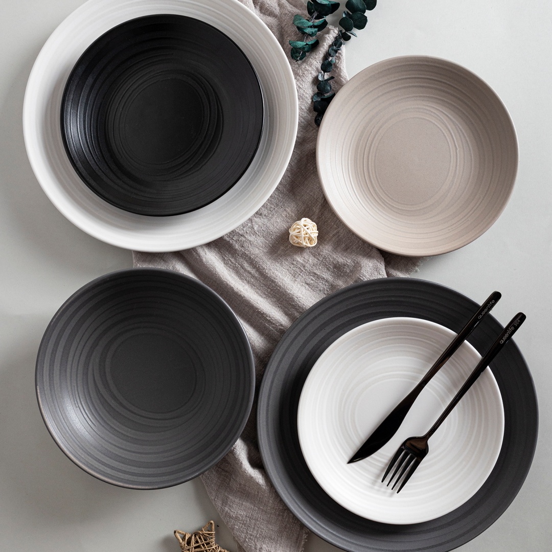Stoneware Set Pad Printing On Glaze In Matte Finish, Embossed Effect