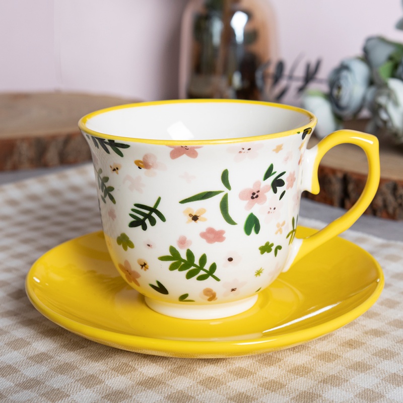 Wholesale 9OZ Espresso Cup and Saucer with Flower Decal Coffee Cup and Saucer for Holiday Gifts