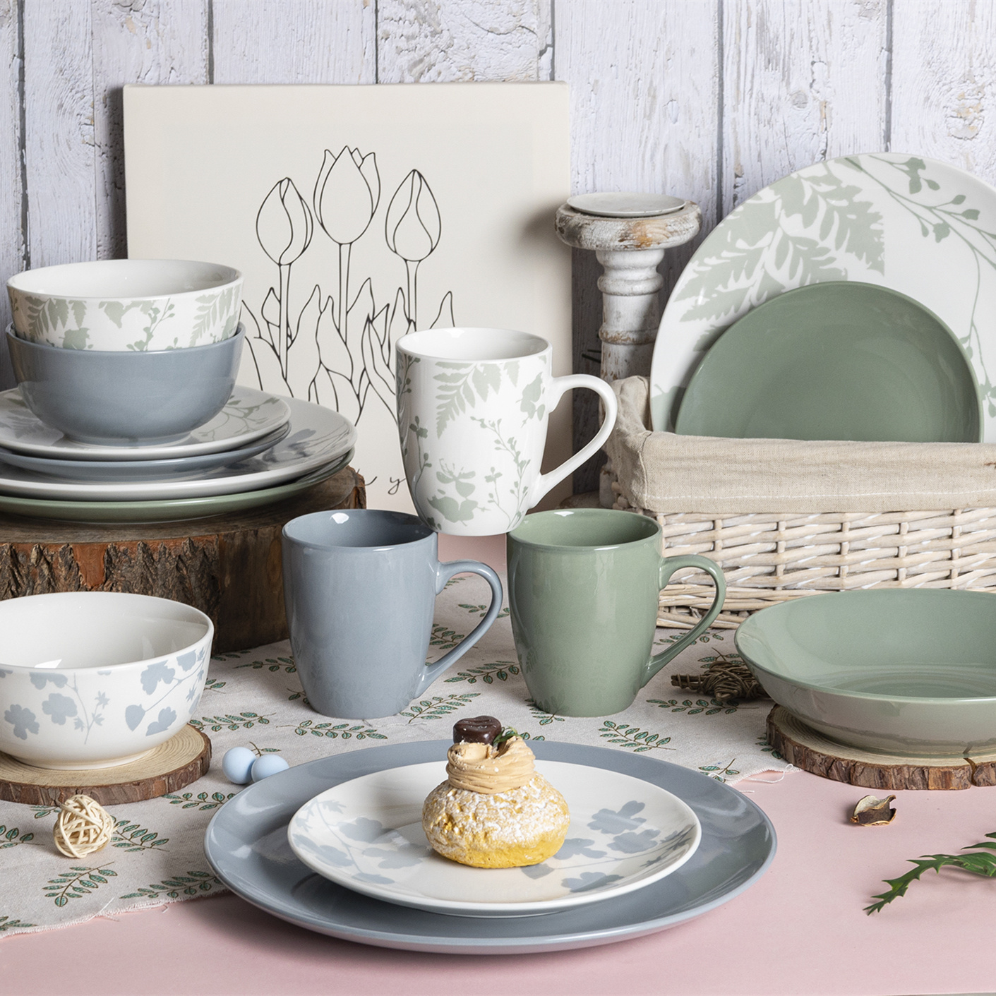 HappyGo Pastel Toned Botanical Patterned Floral Decal 16pcs Glaze White Porcelain Ceramics