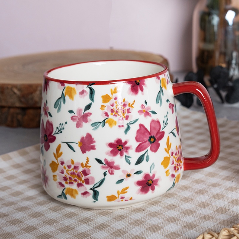 Custom Floral Printed 12 OZ Ceramic Mug Set with Colorful Handles and Assorted Botanical Designs