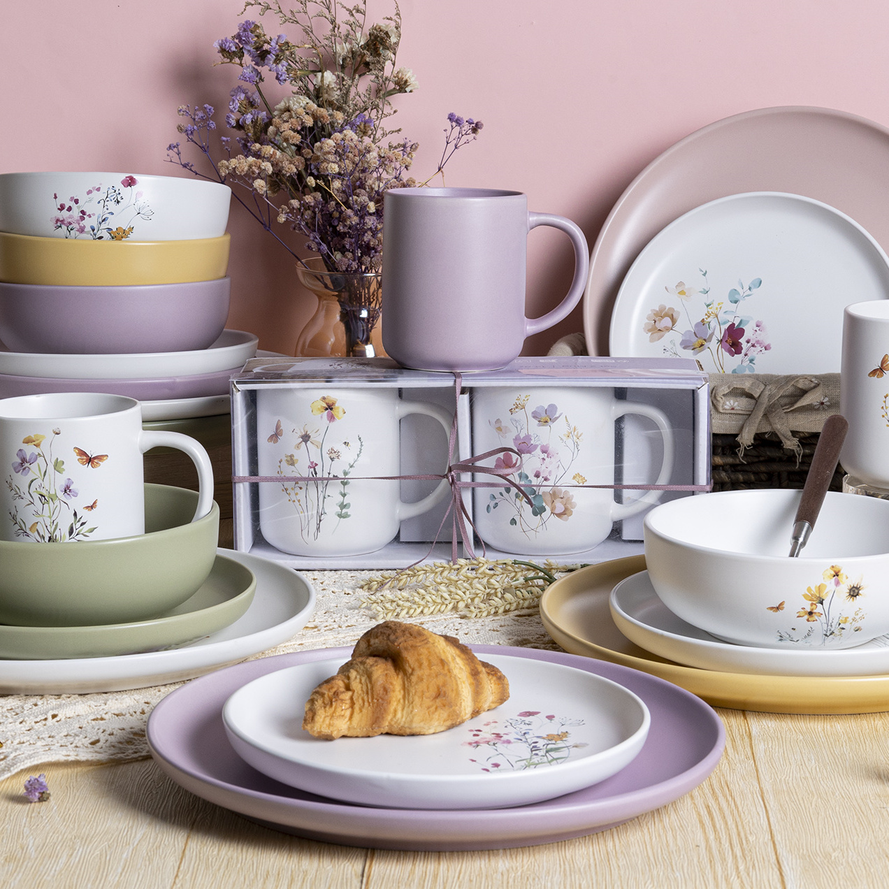HappyGo Botanical Floral Decal 16Piece Colored Porcelain Dinnerware Tableware White Multicolored