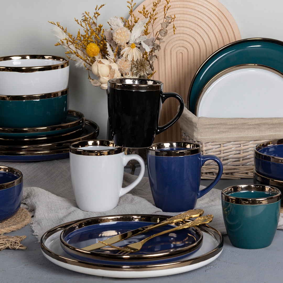16pcs Dinnerware , Shinny Color Glaze With Metallic Rim