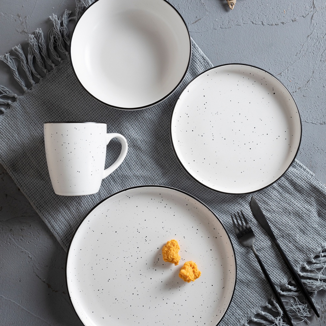 16pcs Dinner Set, Matte Color Glaze With Speckles And Color Rim