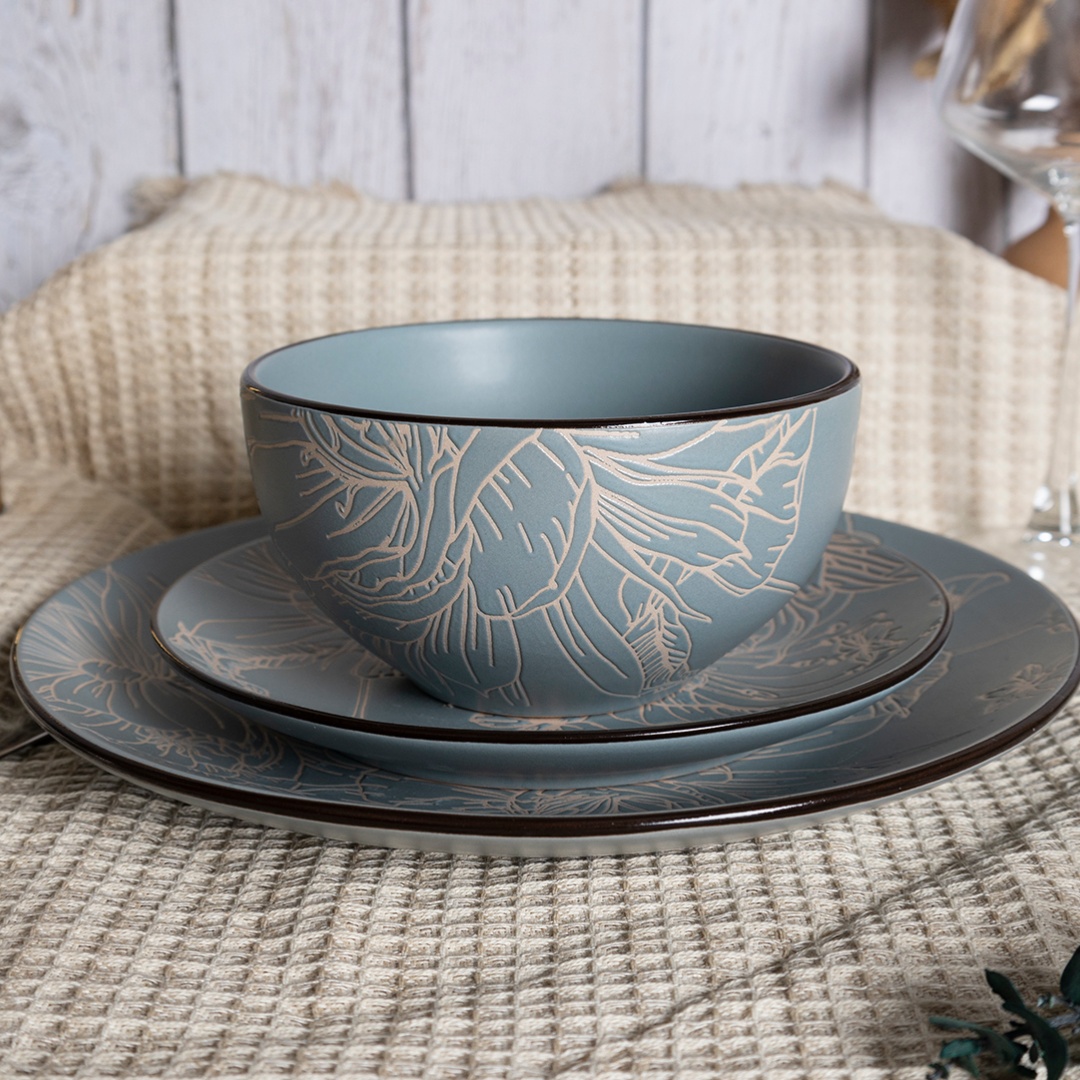Vertical stripes embossed reactive glaze stoneware tableware