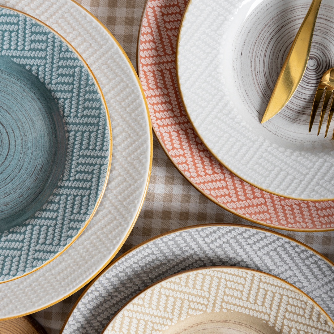 Vertical stripes embossed reactive glaze stoneware tableware