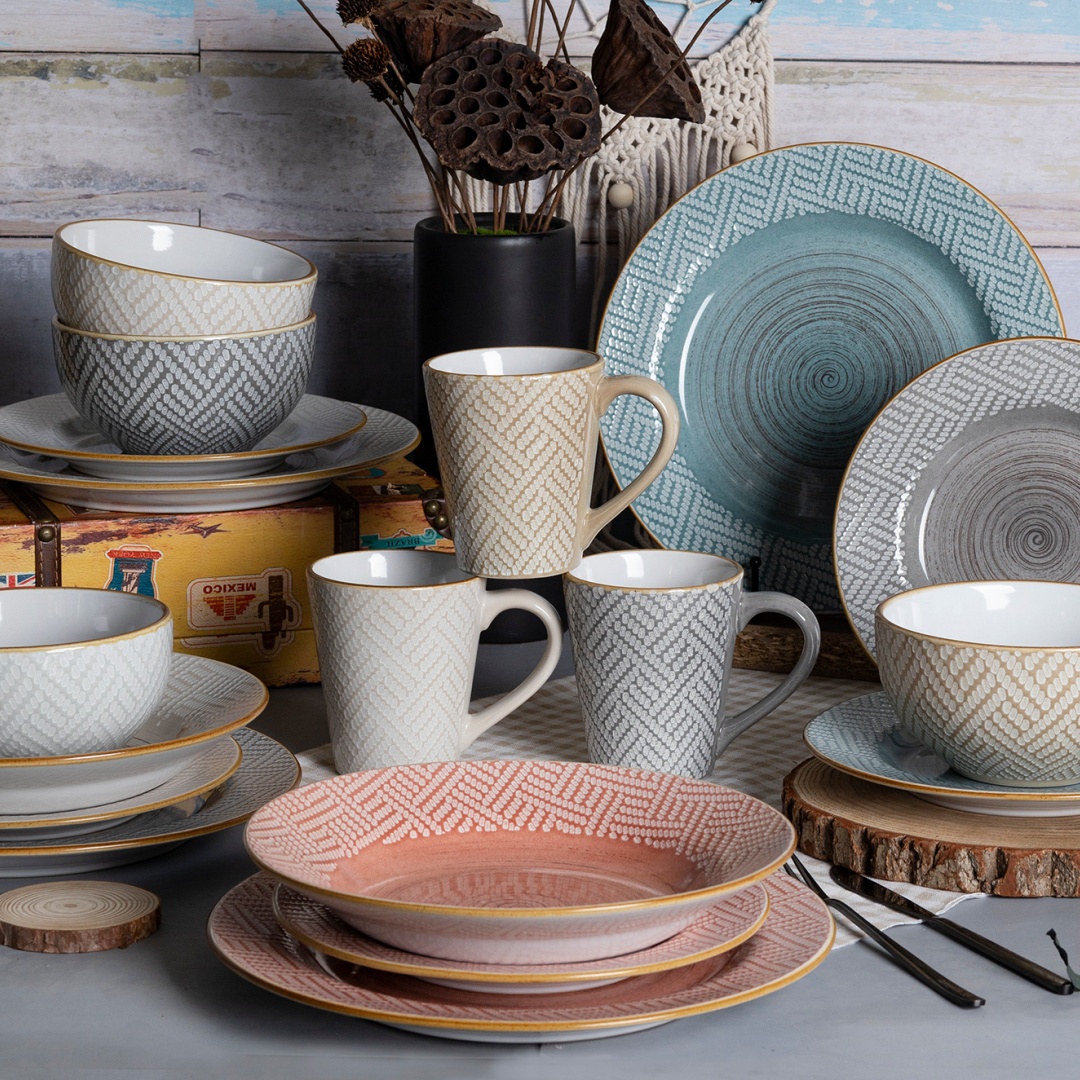 16pcs Dinner Set,reactive Glaze With Embossment